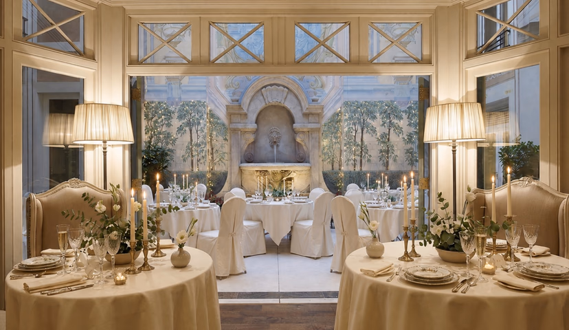 The Verrière of L'Assaggio, candlelit and opening onto the private patio, Hôtel Castille, Paris