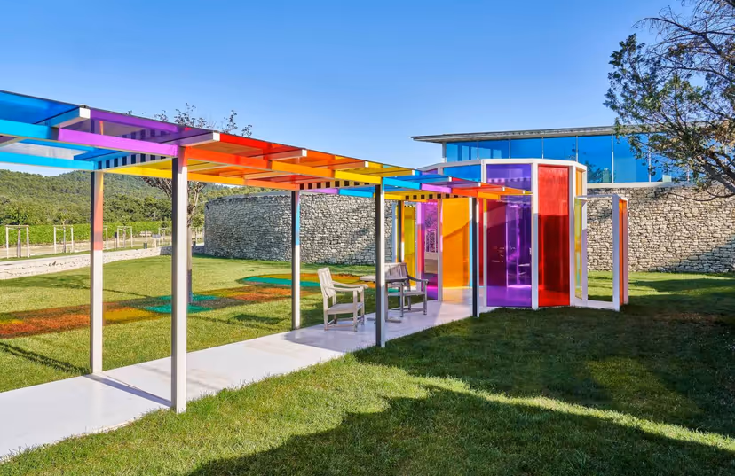 Daniel Buren's colorful glass pavilion among the vines, Château La Coste