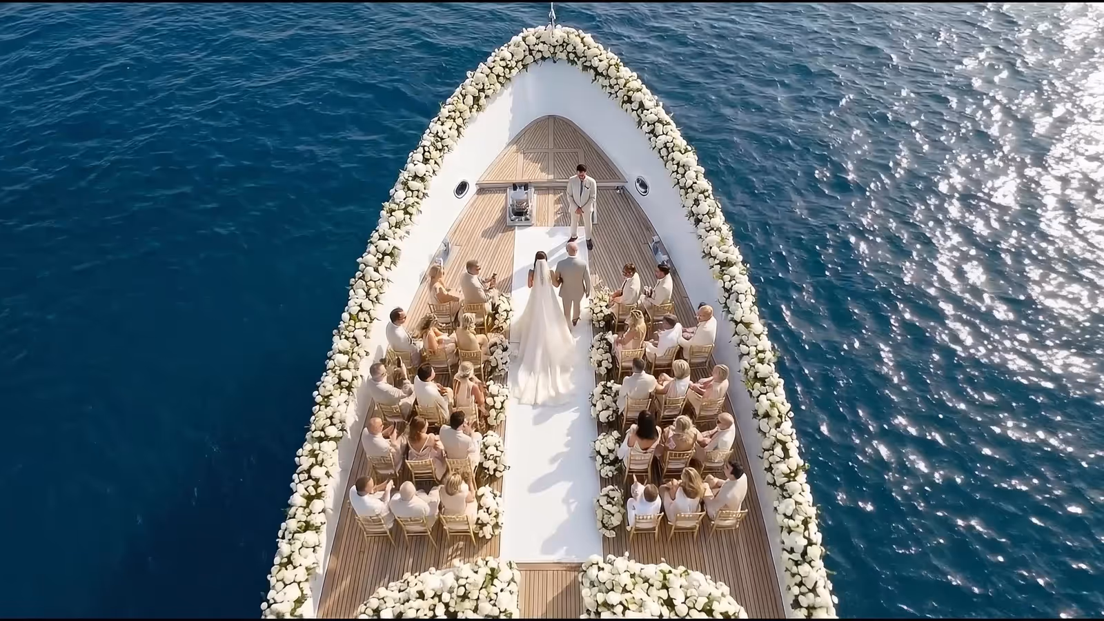 Vue aérienne d'une cérémonie de mariage de luxe sur le pont d'un yacht en mer, allée bordée de roses blanches