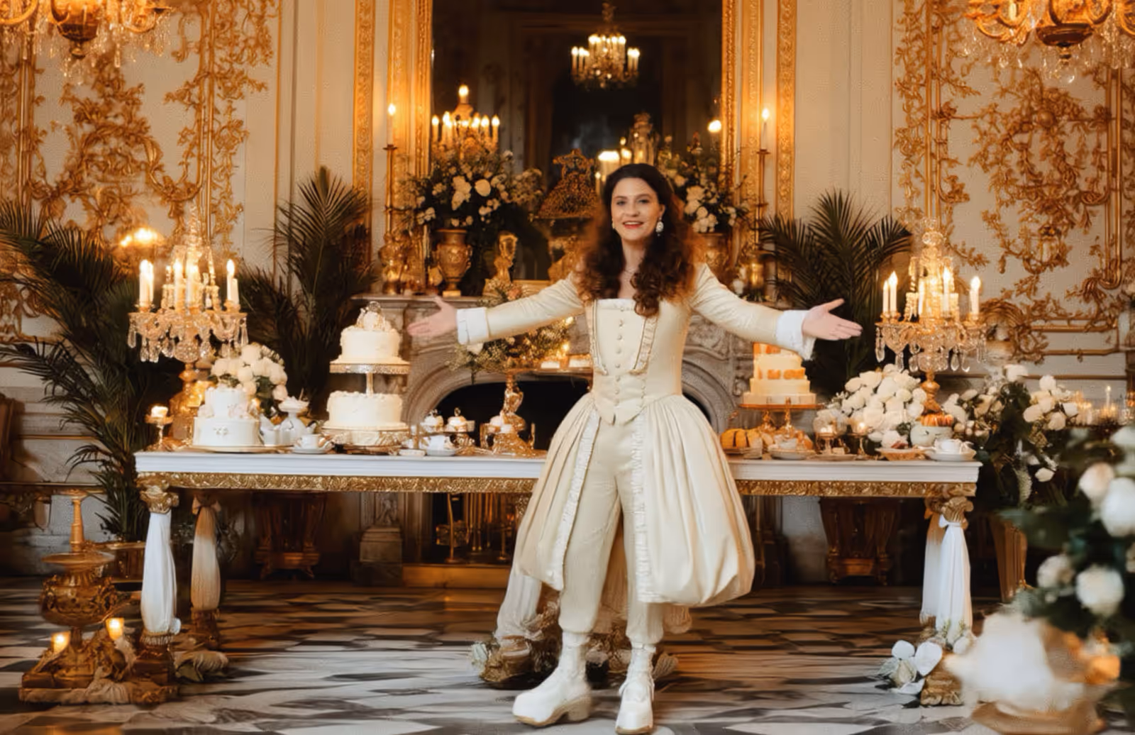 Hôtesse en costume rococo accueillant les invités devant un buffet de desserts style Versailles