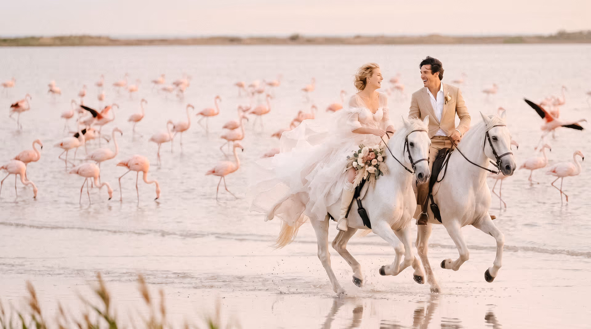Bride and groom galloping on white Camargue horses through a lagoon surrounded by flamingos