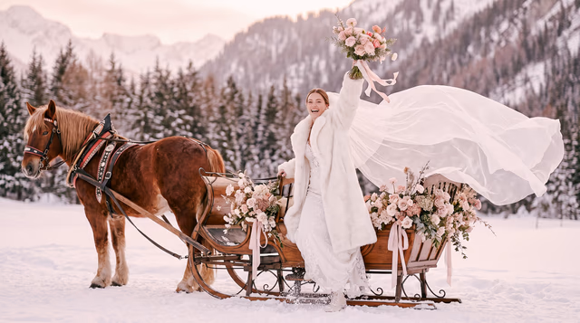 Mariée au bouquet près d'un traîneau à cheval dans la neige, Megève, Alpes françaises