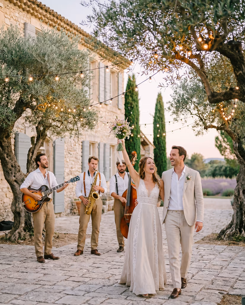 Newlyweds walking through olive trees with a live band at golden hour in Provence