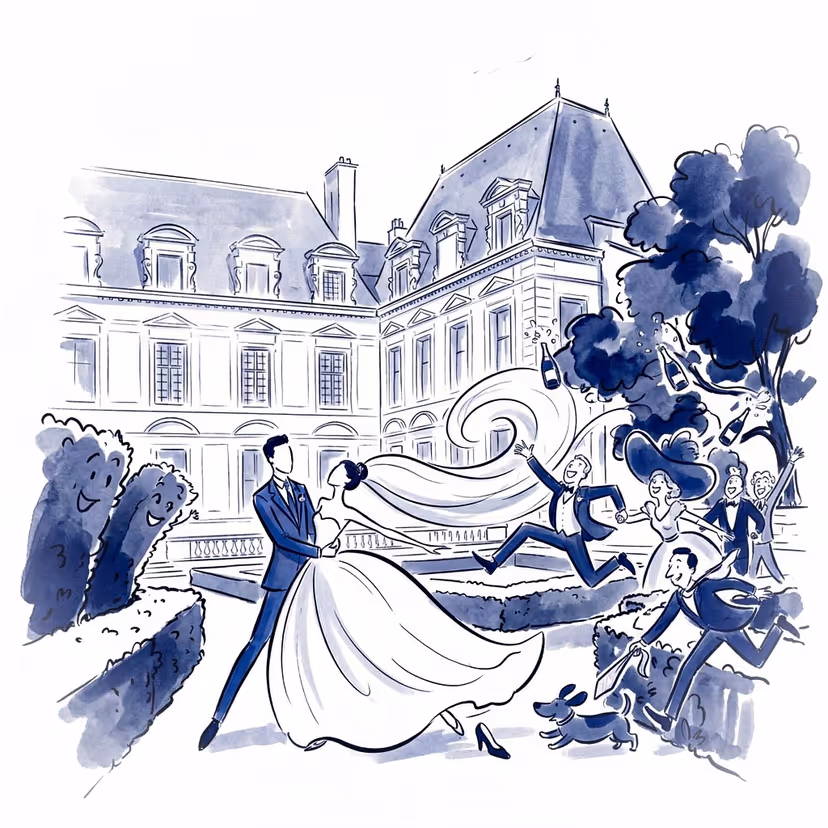 Illustration d'un couple dansant lors d'une célébration de mariage dans un château français