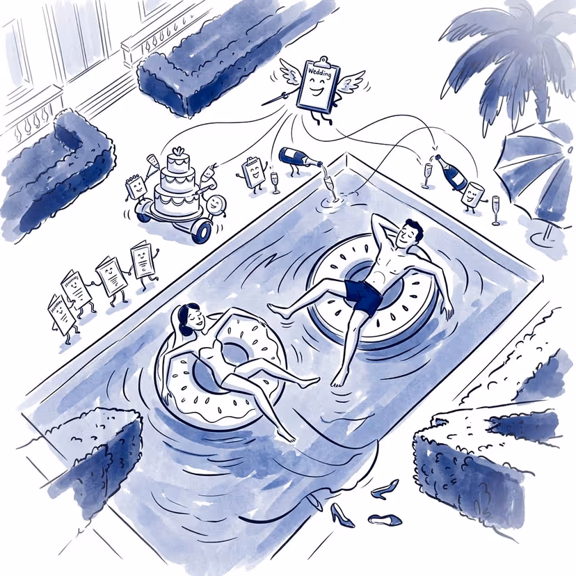Illustration d'un couple se relaxant au bord de la piscine pendant que les détails du mariage se gèrent d'eux-mêmes