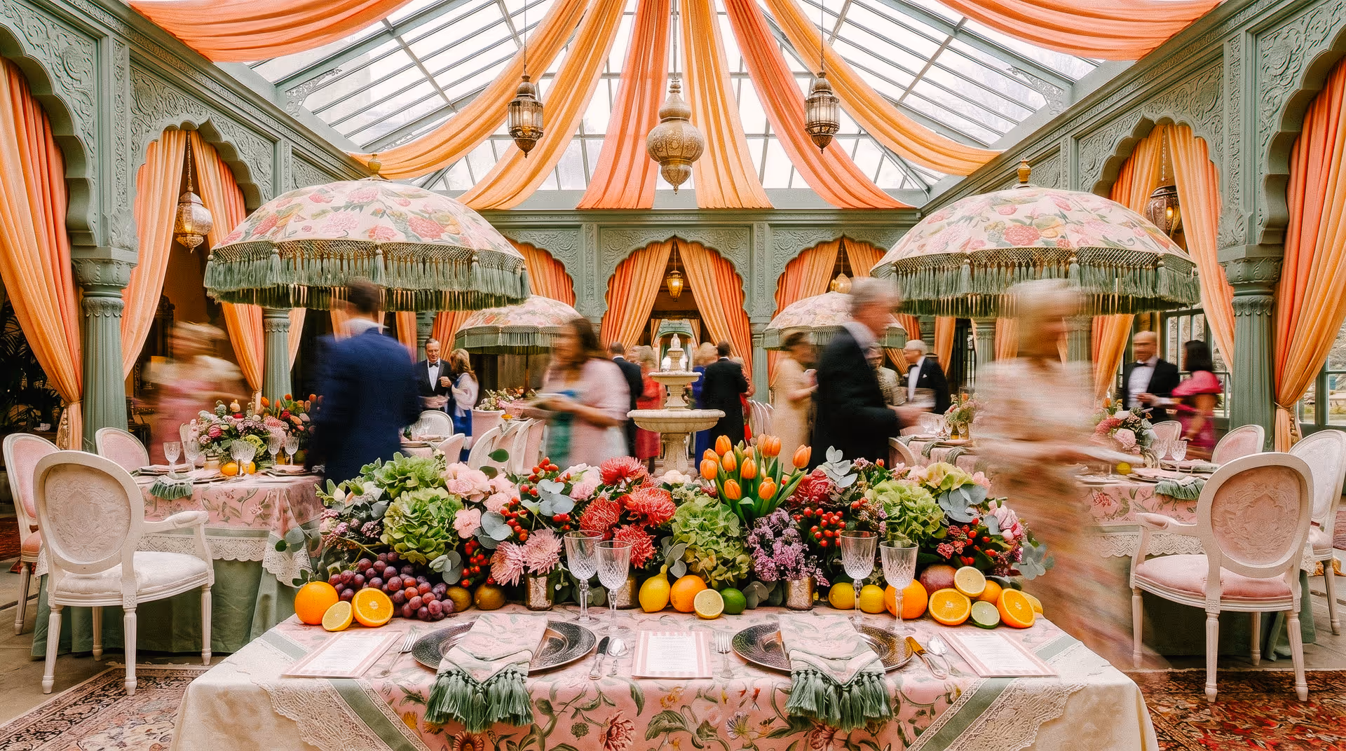 Immersive wedding reception in a glass conservatory with draped fabrics, floral centerpieces, and guests mingling