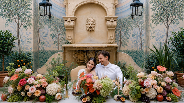 Un couple devant la fontaine de pierre du patio privé, Hôtel Castille, rue Cambon, Paris