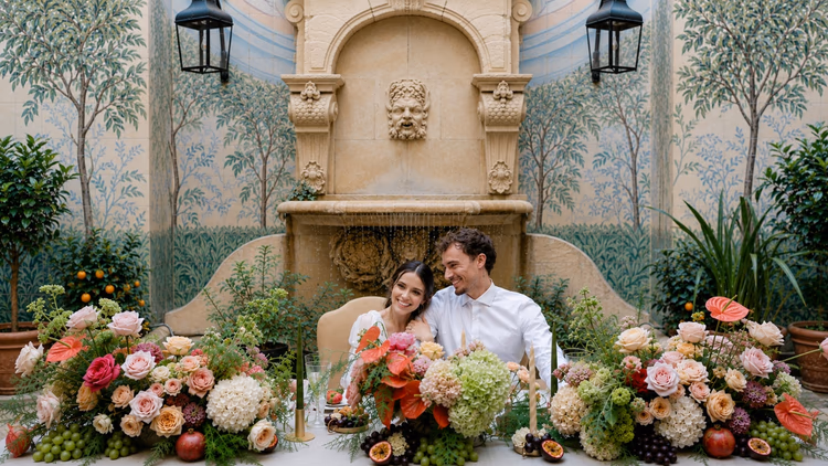 A couple before the stone fountain in the private patio, Hôtel Castille, Rue Cambon, Paris